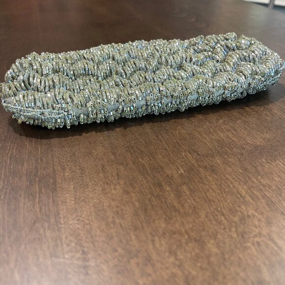 Vintage‎ Beaded Evening Clutch Shoulder Bag Olive, Silver Color Jeweled Kisslock - Picture 3 of 11